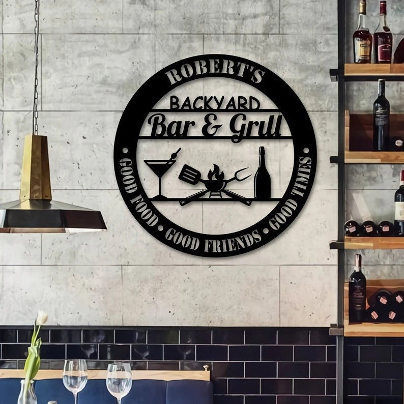 Personalized Backyard Bar & Grill Metal Wall Custom Kitchen Metal Sign Bbq Outside Wall Decor Family Name Metal Sign