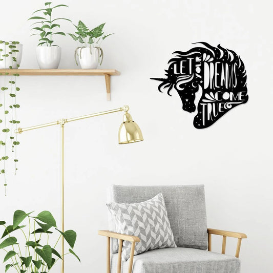 Let Your Dreams Come True Unicorn Dreams Black Wall Art Decor Cut Metal Sign Laser Cut Metal Signs Custom Gift Ideas - 8 inches - metal sign