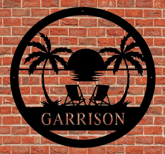 Monogram Sunset Tropical Florida Beach Relaxing Metal Sign Personalized Wedding Gift Housewarming Weatherproof Cut Metal Sign - 8 inches - metal sign