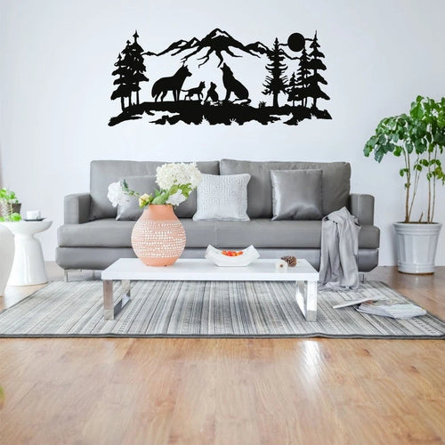 Metal Wolf Decor Tree Mountain Wolf Family Art Home Office Decoration Wildlife Lover Gift Wall Hangings Metal Art Work