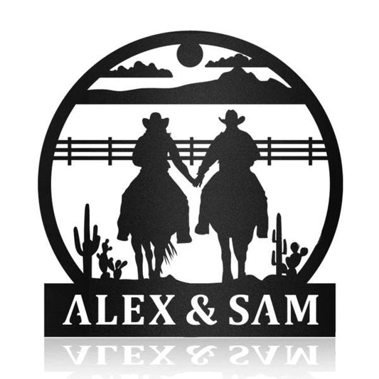 Cowboy Couple Riding Horse Hand In Hand - 8 inches - metal sign