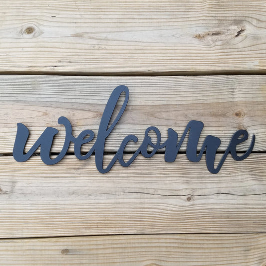 Welcome Script Metal Sign Black Steel Word Art Wall Hanging Housewarming Gift