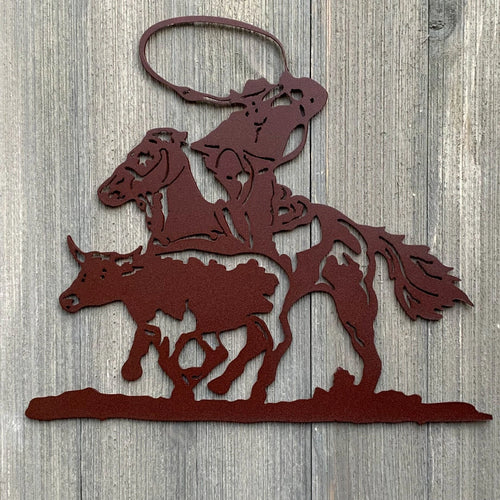 Cowboy Roping Steer Metal Sign Cutout Cut Metal Sign Wall Metal Art