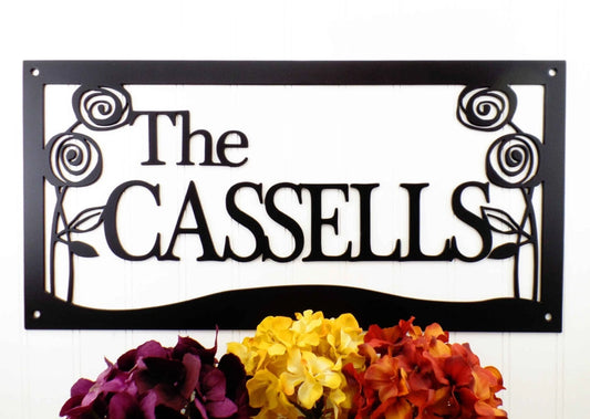 Custom Outdoor Family Name Metal Sign With Roses Black Last Name Sign Outdoor Name Family Name Last Name - 8 inches - metal sign