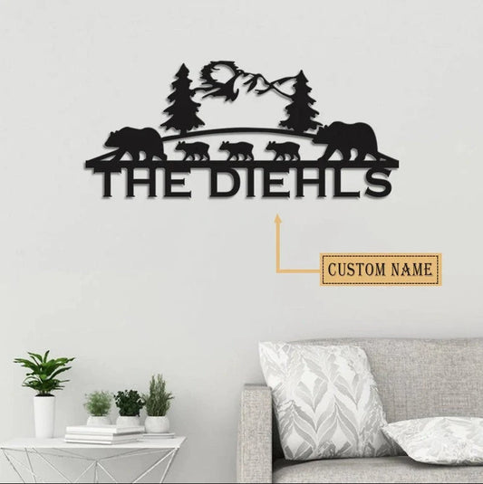 Personalized Bear Family Name Metal House Sign Laser Cut Metal Signs Custom Gift Ideas - 8 inches - metal sign