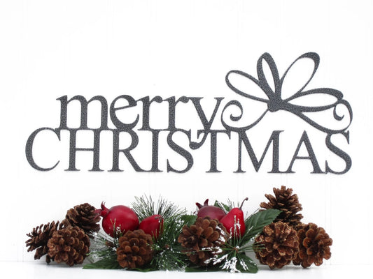 Merry Christmas Metal Sign With Bow Silver Xmas Decor Christmas Decor Holiday Decor - 8 inches - metal sign