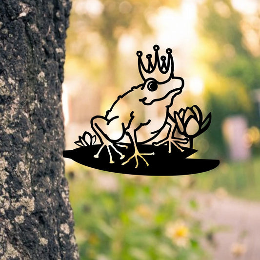 Prince Frog Tree Stake, Metal Outdoor Art, Metal Laser Cut Metal Signs Custom Gift Ideas - 8 inches - metal sign