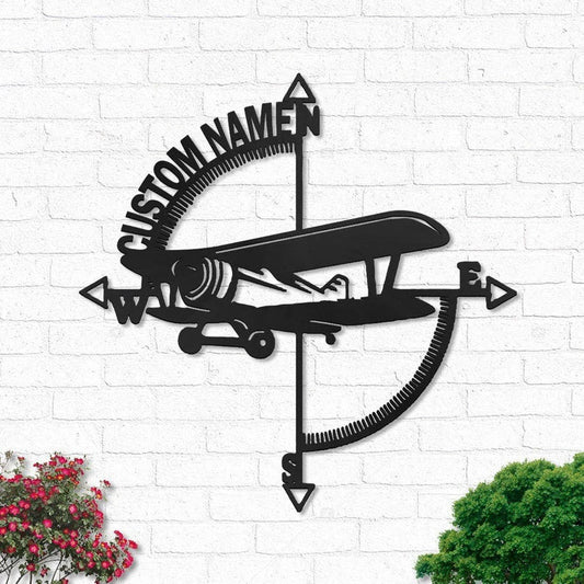 Custom Compass Airplane Personalized Pilot Name Sign Decoration For Living Room Flight Attendant Decor Home - 8 inches - metal sign