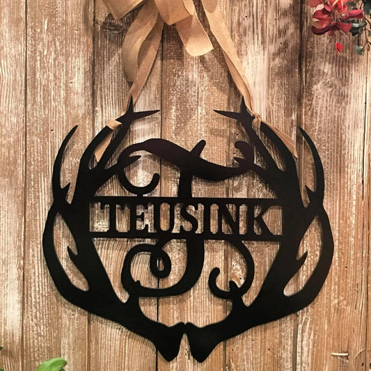 Custom Deer Antler Family Name & Monogram Wall Decor Gift For Hunter Personalized Name Sign Man Cave - metal sign