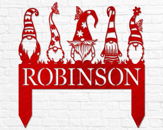 Garden Gnome Yard Stake Custom Family Name Sign Christmas Gnome Stakes Gnome Metal Art Gnome Monogram Yard Decor Outdoor Decor - 8 inches - metal sign