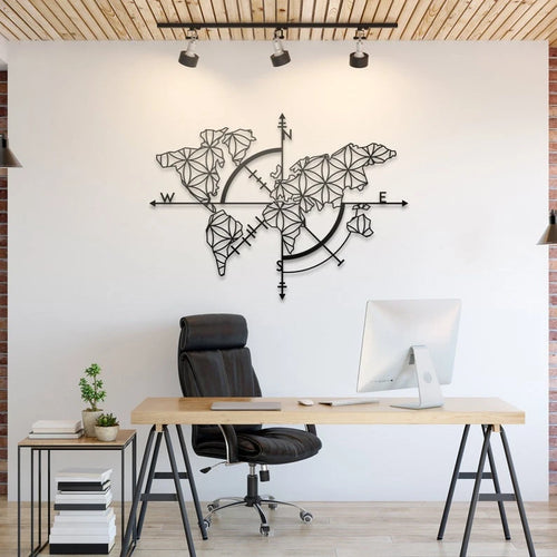 Metal World Map Art World Map Art Sign Living Room Decor Gift for Him Compass World Map