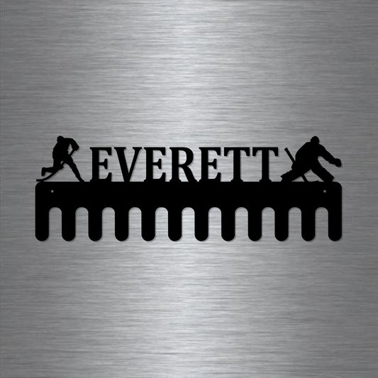 Hockey Custom Name Medal Hanger Holder Display Rack 12 Hooks, Cut Metal Sign, Metal Wall Art Laser Cut Metal Signs Custom Gift Ideas - 8 inches - metal sign