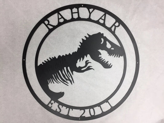 Metal Dino Skeleton In Circle 2ft Dinosaur With Your Name Metal House Sign - 8 inches - metal sign