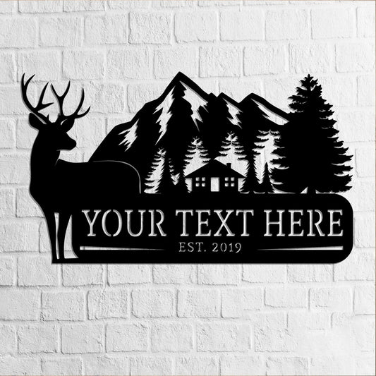 Custom Deer Metal Sign Cabin Mountains Antlers Steel Art Antler Deer Family Name Sign Wreath Ranch Sign Entrance Sign - 8 inches - metal sign
