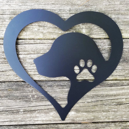 Dog Love Heart Metal Sign Heart Shaped Sign With Dog Silhouette & Paw Print For Dog Lovers - 8 inches - metal sign