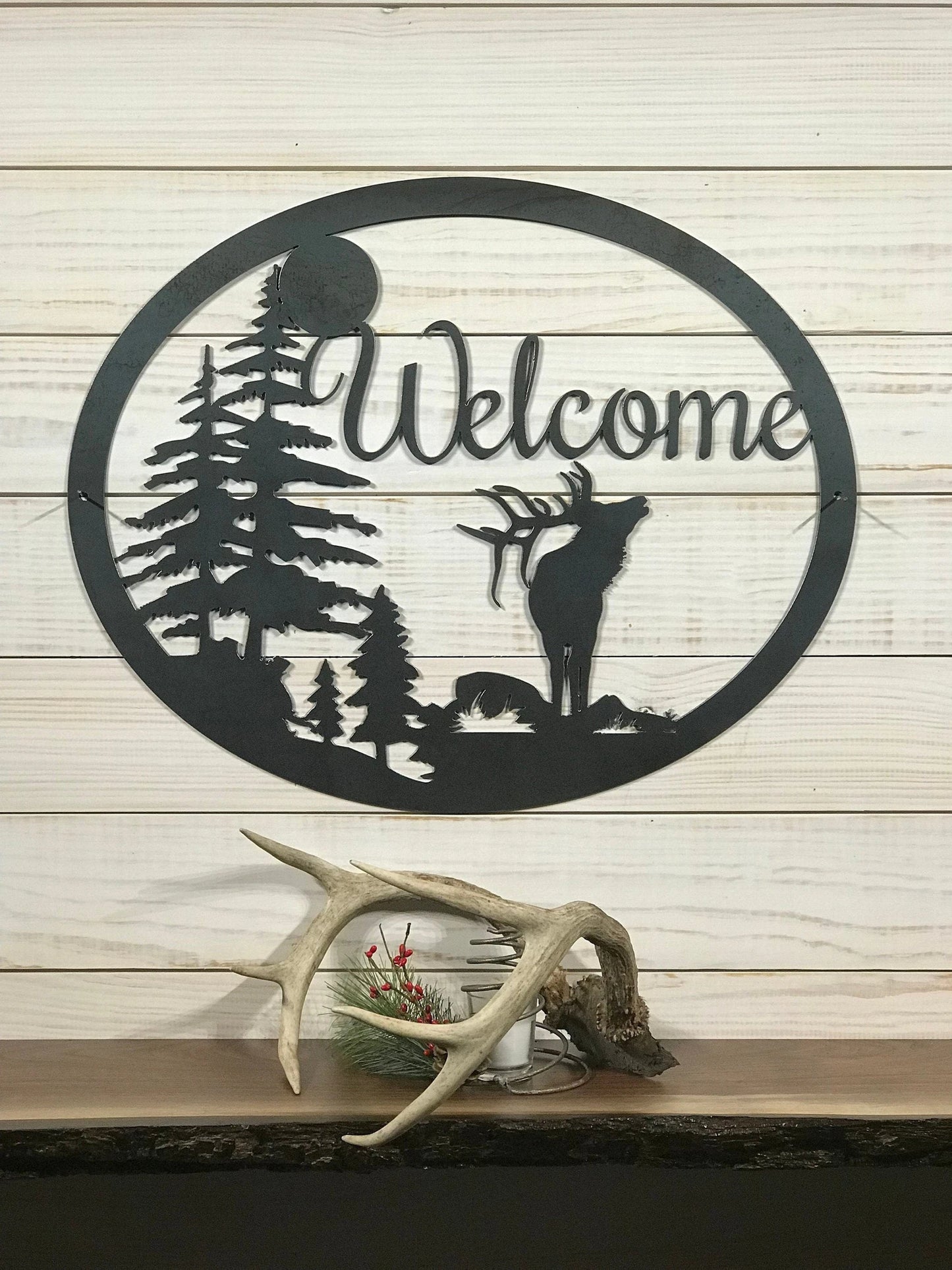 Large Metal Elk Welcome Sign 24 Inch Rustic Metal Decor Large Metal Sign
