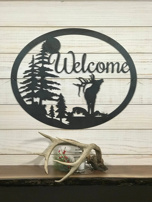 Large Metal Elk Welcome Sign 24 Inch Rustic Metal Decor Large Metal Sign
