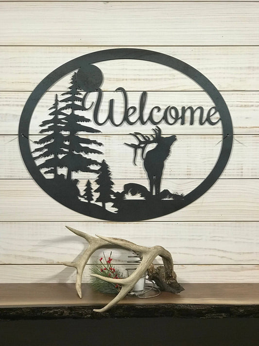 Large Metal Elk Welcome Sign 24 Inch Rustic Metal Decor Large Metal Sign - 8 inches - metal sign