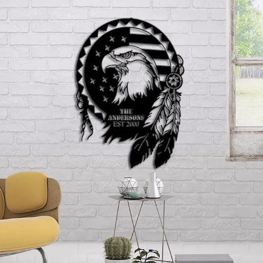 Dreamcatcher With Eagle Customized Family Name Cut Metal Sign - 8 inches - metal sign