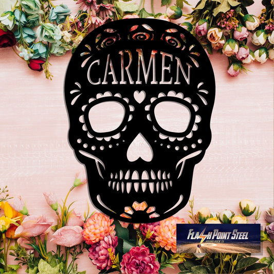 Sugar Skull Custom Name, Steel Art, Skull Sign, Name Sign, Custom Metal Sign, Distressed Sign, Store - metal sign