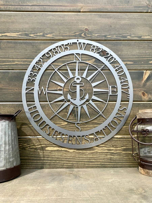 Gps Anchor With Name Compass Custom Metal Art Cut Metal Sign Metal House Sign - 8 inches - metal sign