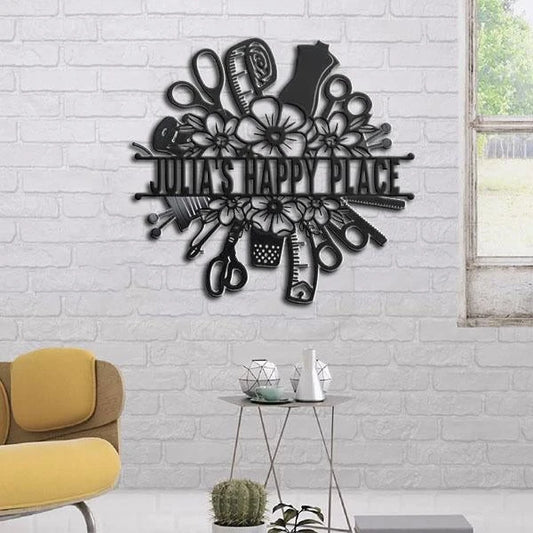 happy Place Sewing Lovers Personalized Metal Sign Cut Metal Sign - 8 inches - metal sign