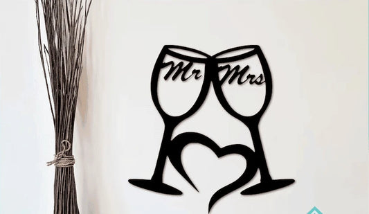 Two glasses heart Mr and Mrs Cut Metal Sign Laser Cut Metal Signs Custom Gift Ideas - 8 inches - metal sign