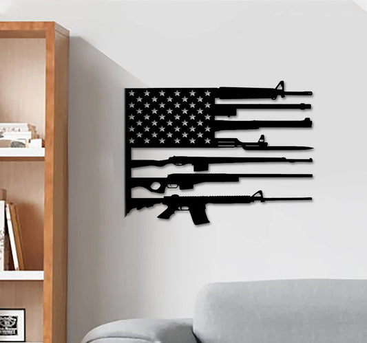 US Flag Military Guns Cut Metal Sign Laser Cut Metal Signs Custom Gift Ideas Best Veteran - 8 inches - metal sign