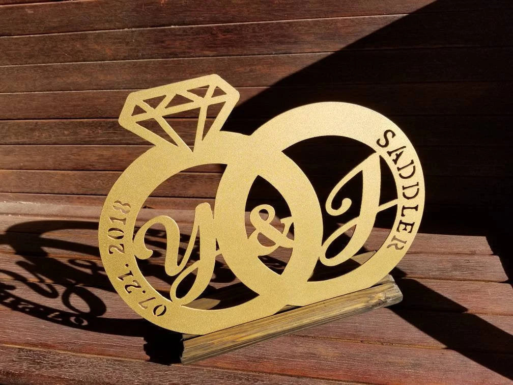 Wedding Ring, Personalized Names, Sweetheart Table, Wedding Gift, Wedding Decor, Anniversary Gift, Bridal Shower Gift, Wedding Band Laser Cut Metal Signs Custom Gift Ideas