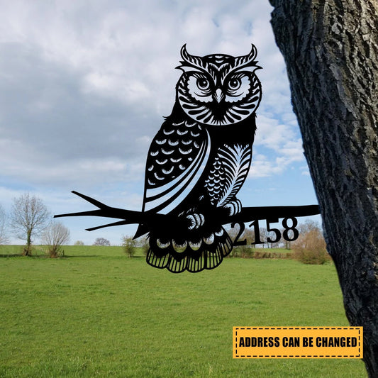 Personalized Address Owl Metal Tree Stake, Owl Bird Decor Laser Cut Metal Signs Custom Gift Ideas - 8 inches - metal sign