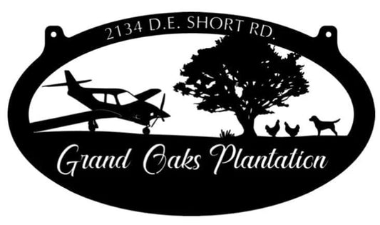 Metal Sign With Airplane And Oak Tree And Dog Scene Customized With Your Name Metal House Sign - 8 inches - metal sign