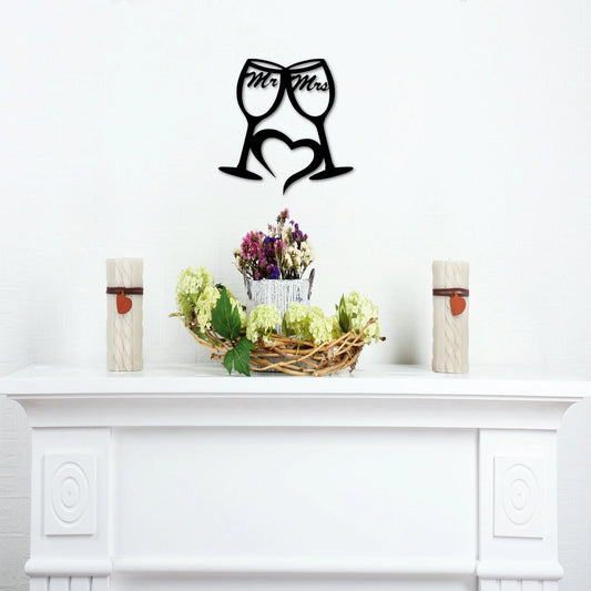 Mr And Mrs Sign Metal Wine Glasses With Heart Bride And Groom Gifts Champagne Flutes Love Decor Wedding Sign Gift For Couple - 8 inches - metal sign