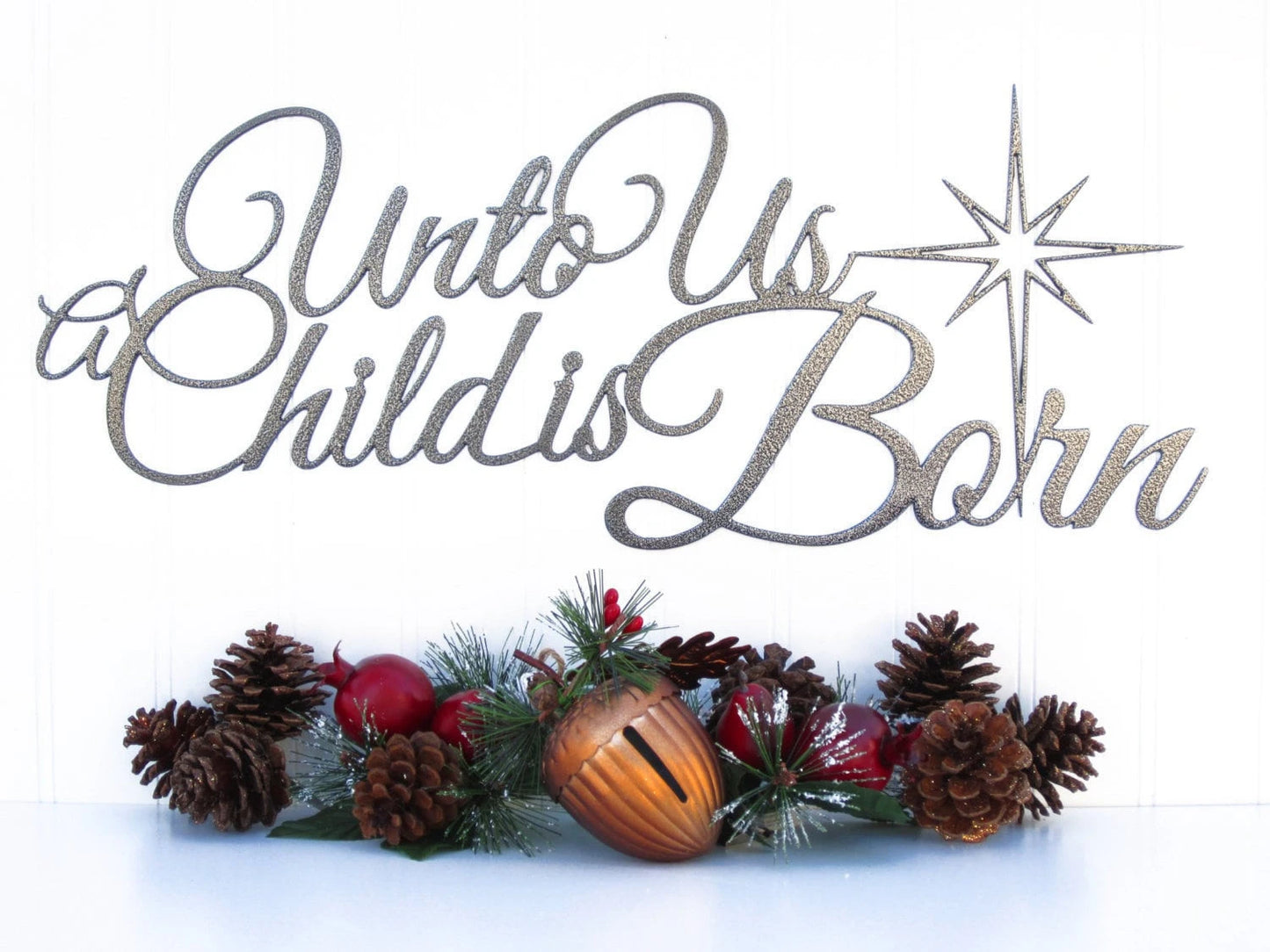 Unto Us A Child Is Born Christmas Metal Sign Silver Christian Art Religious Christmas Sign