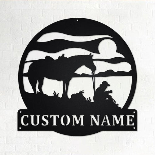 Custom Coffee Break Horse Cowboy Personalized Horse With Cowboy Name Sign Decoration For Room Horse With Cowboy