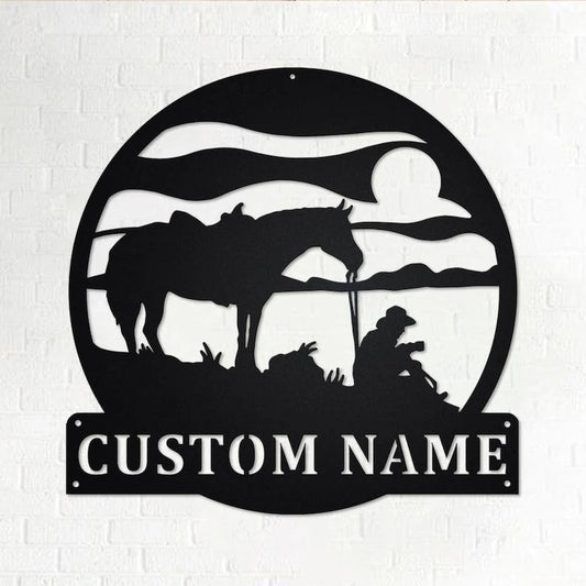 Custom Coffee Break Horse Cowboy Personalized Horse With Cowboy Name Sign Decoration For Room Horse With Cowboy - 8 inches - metal sign