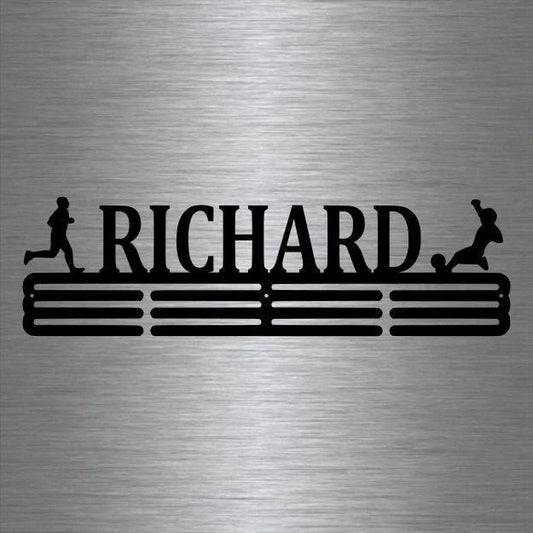 Soccer And Runner Custom Name Medal Hanger Holder Display Rack Male 3 Rung, Cut Metal Sign, Metal Wall - metal sign