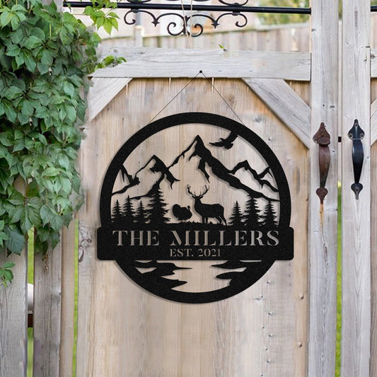 Personalized Family Name Date Deer Turkey Hunting Metal Art, Metal Laser Cut Metal Signs Custom Gift Ideas - 8 inches - metal sign