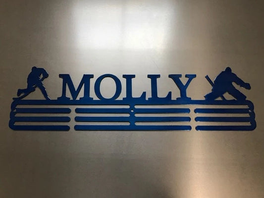 Hockey Custom Name Medal Hanger Holder Display Rack 3 Rung, Cut Metal Sign, Metal Wall Art, Laser Cut Metal Signs Custom Gift Ideas - 8 inches - metal sign