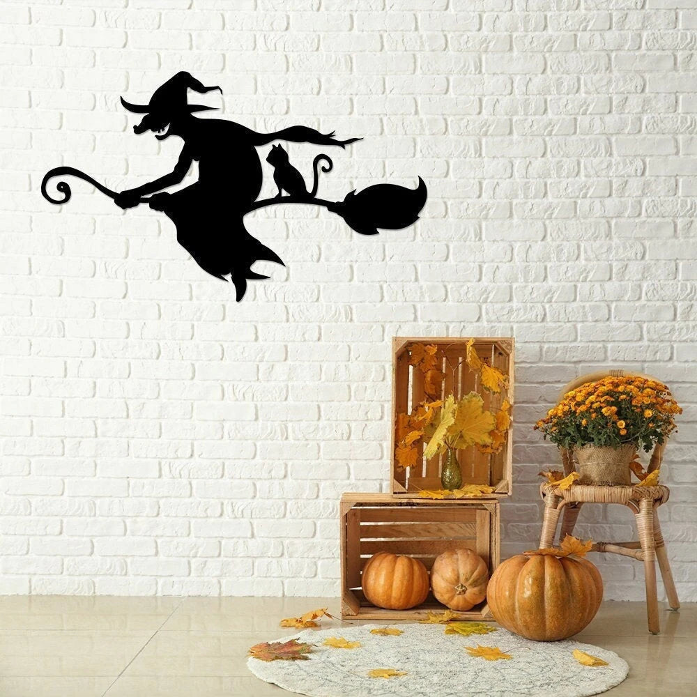 Witch And Cat Broom Silhouette Metal Sign Gothic Wall Decor Halloween Decorations Outdoor Witch Signs Black Cat Sign Halloween Gift