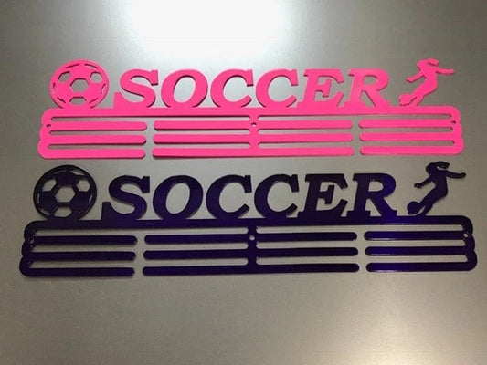 Soccer Medal Hanger Holder Display Rack Female 3 Rung Cut Metal Sign - 8 inches - metal sign