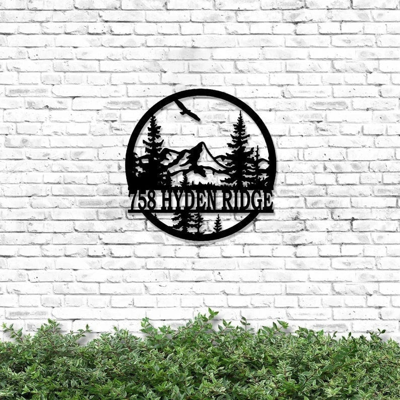 Mountain Pine Tree Laser Cut Metal Sign Personalized Address Metal Sign Customized Address Door Hanger Nature Scene Monogram Sign