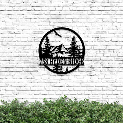 Mountain Pine Tree Laser Cut Metal Sign Personalized Address Metal Sign Customized Address Door Hanger Nature Scene Monogram Sign