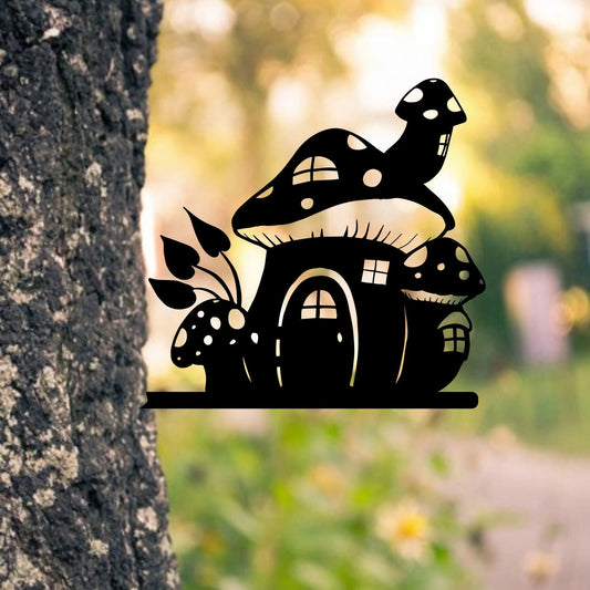 Mushroom House Metal Tree Stake, Weatherproof Steel Decoration, Metal Laser Cut Metal Signs Custom Gift Ideas - 8 inches - metal sign
