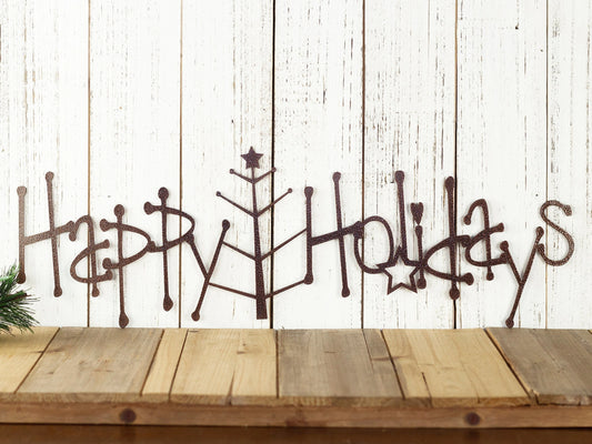Happy Holidays Metal Sign With Christmas Tree Copper Christmas Tree Outdoor Sign Holiday Decor Christmas - 8 inches - metal sign