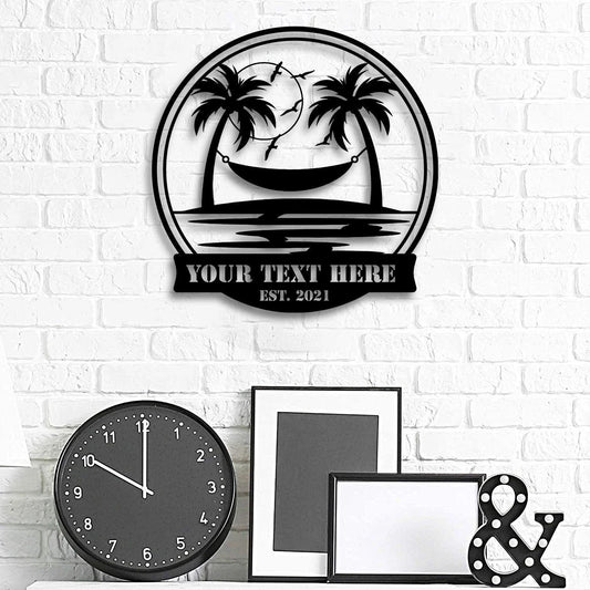 Family Name Beach Metal Sign Metal Beach Sign Beach House Decor Outdoor Family Sign Palm Tree Hammocktropical Island Metal - 8 inches - metal sign
