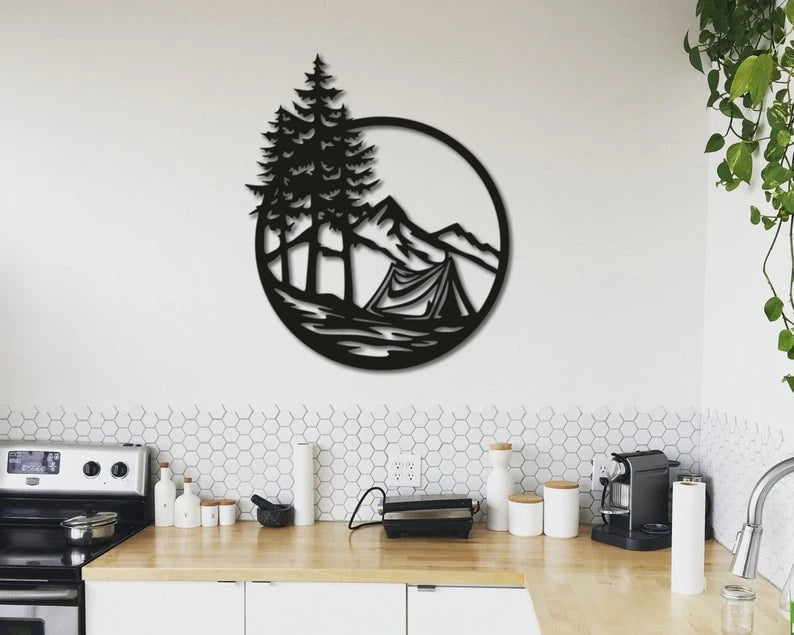 Camping In The Forest (Circle) Wall Art Decor Cut Metal Sign Laser Cut Metal Signs Custom Gift Ideas