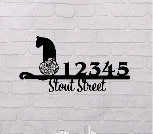 Cat Lovers Metal Sign Floral Cat With Number And Street Address Personalized Live Preview Laser Cut Metal Signs Custom Gift Ideas