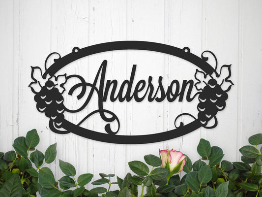Metal Family Name Sign With Grapevine, Custom Outdoor Metal Sign, Wine Lover Gift, Personalized Metal - metal sign