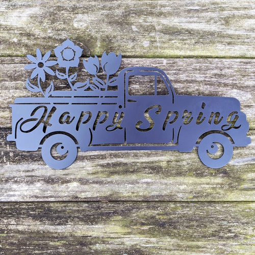 Happy Spring Truck Sign Black Steel Wall Decor Cut Metal Sign Wall Metal Art