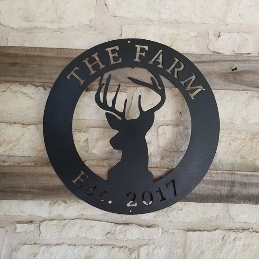 Ranch Sign, Farm Sign, Hunting Sign, Deer Shape Personalized Circle With Custom Text. Plasma Cut Steel - metal sign